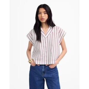 NWT Madewell Resort-Collar Shirt in Linen-Cotton In Dark Rose Stripe Size Large